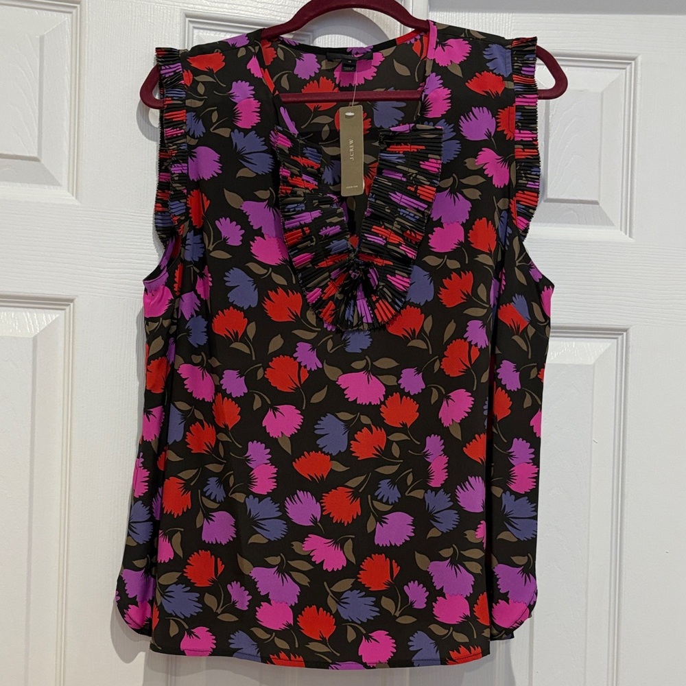 J. Crew Floral Ruffle Blouse - Red, Purple, Black beautiful silky top